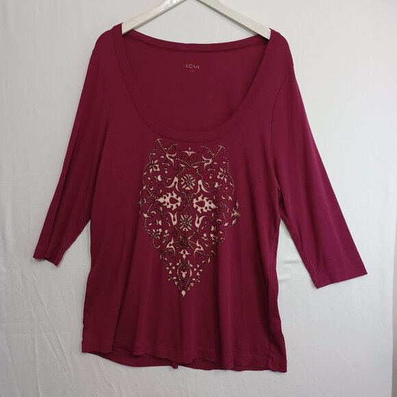 XCVI Top Maroon Scoop Neck Long Sleeve Tee Shirt Medallion Print Womens 1X - Picture 1 of 7